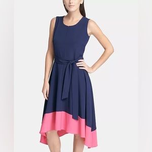 DKNY Navy Blue and Pink Contrast Hem Handkerchief Spring/Summer Dress